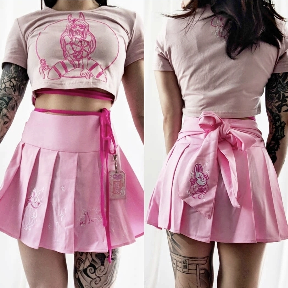Pink Shibari Crop Top With Embroidery And Waist Tie